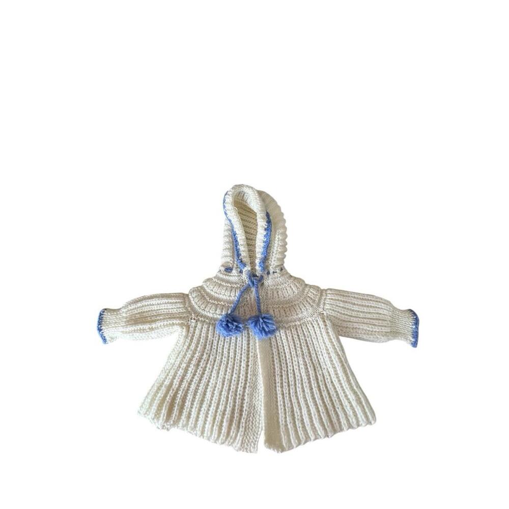 VTG 1970’s Handmade Knit Infant White And‎ Blue Hooded Sweater 12-18 months